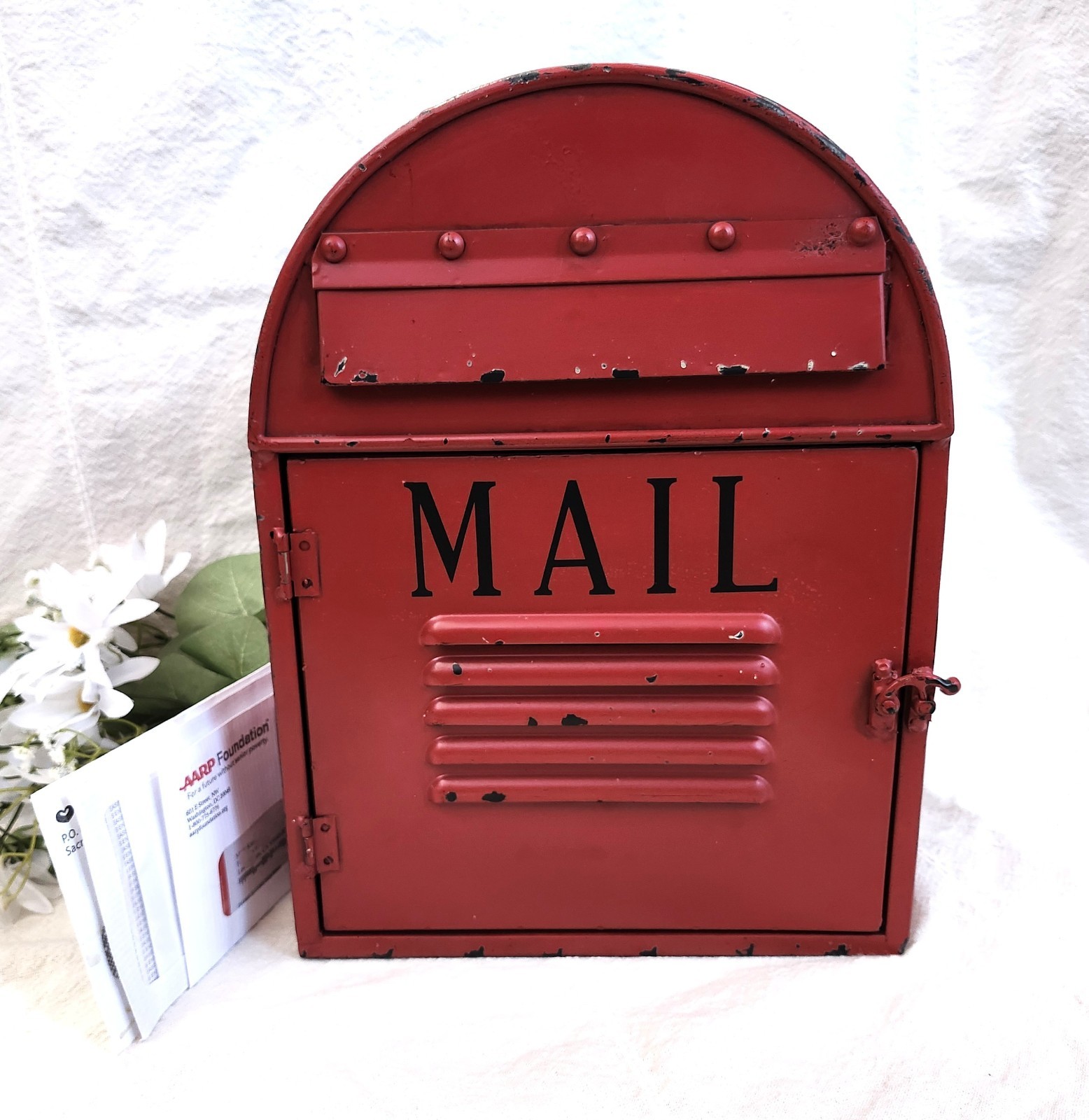 Red Metal Mailbox Vintage Style Rustic Wall Hanging or Table Decor