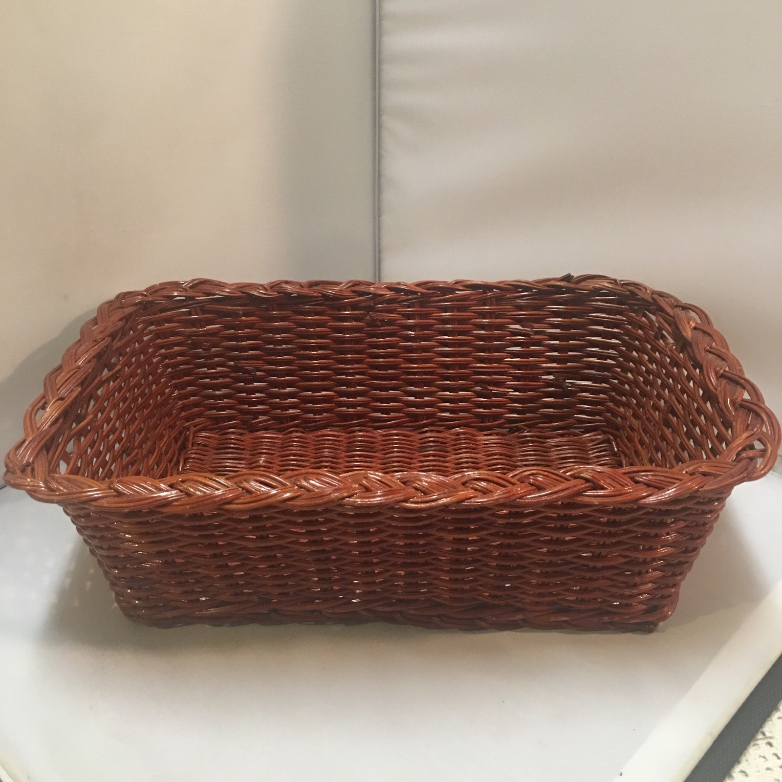 Woven Wicker Storage Basket Medium Brown Braided Rim Rectangular Cottagecore