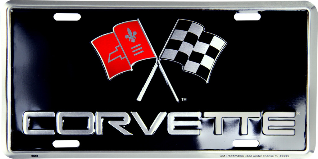 CORVETTE LICENSE PLATE METAL CHEVROLET SIGN EMBOSSED CAR AUTO TAG RACING FLAGS