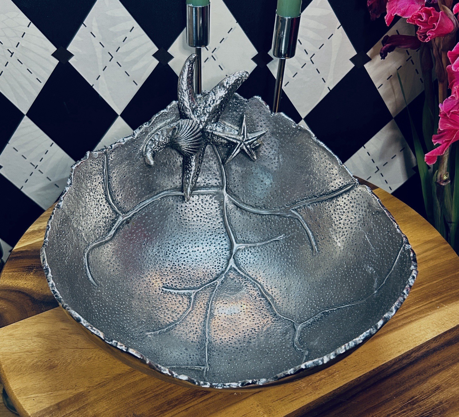 Large Sculptural Coastal Pewter Bowl| Silver-toned Centerpiece| Irregular Rim