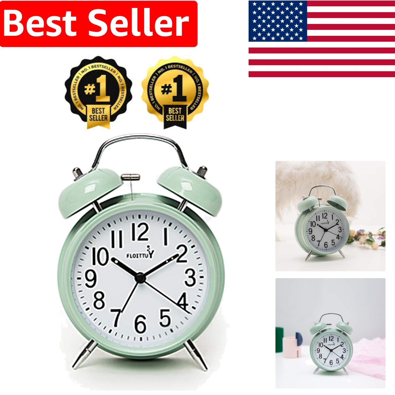 Elegant Green 4” Twin Bell Alarm Clock with Soft Backlight – Ideal for Bedrooms