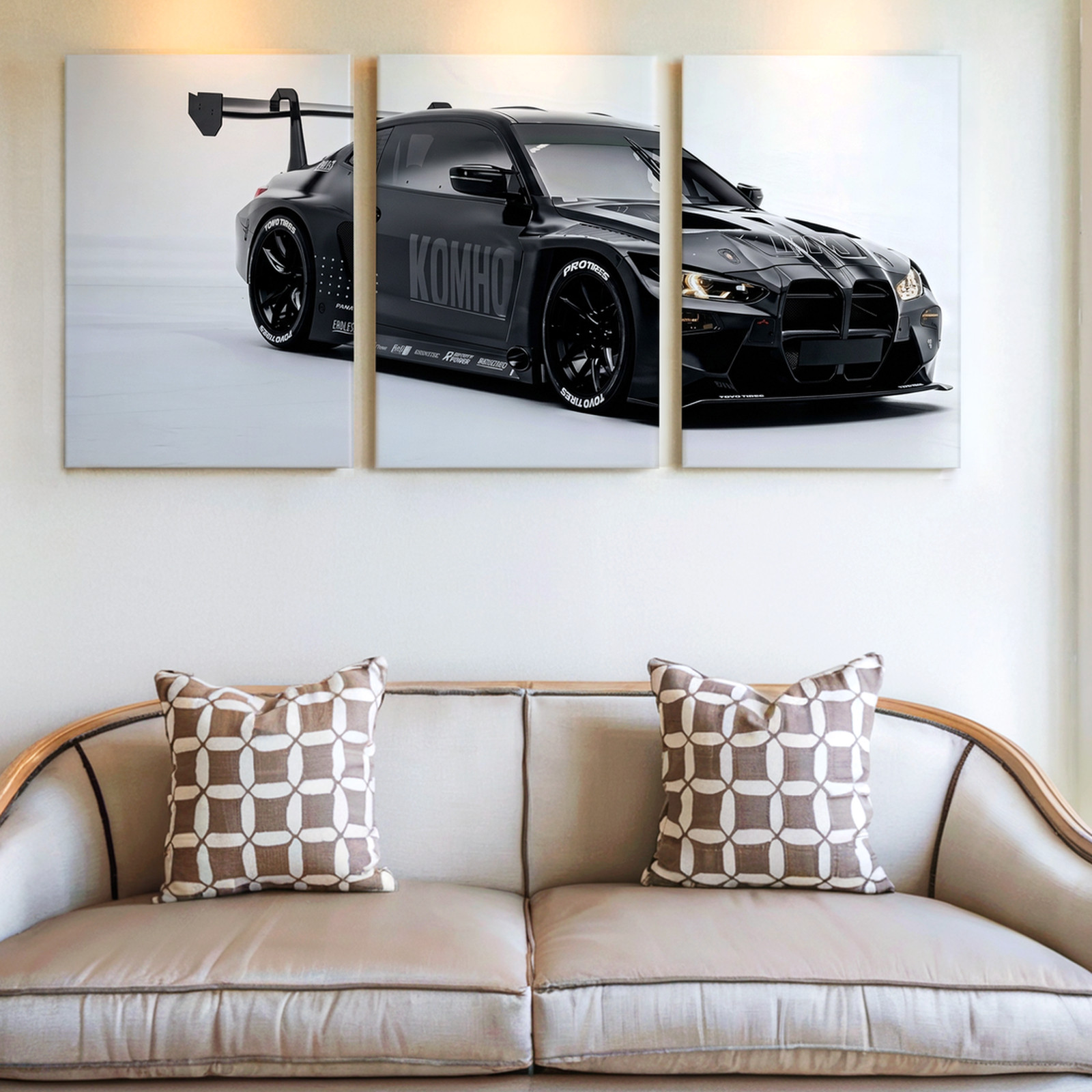 3 Pieces Sleek Black Racing Car Modern Large Wall Art Set for Living Set Of 3