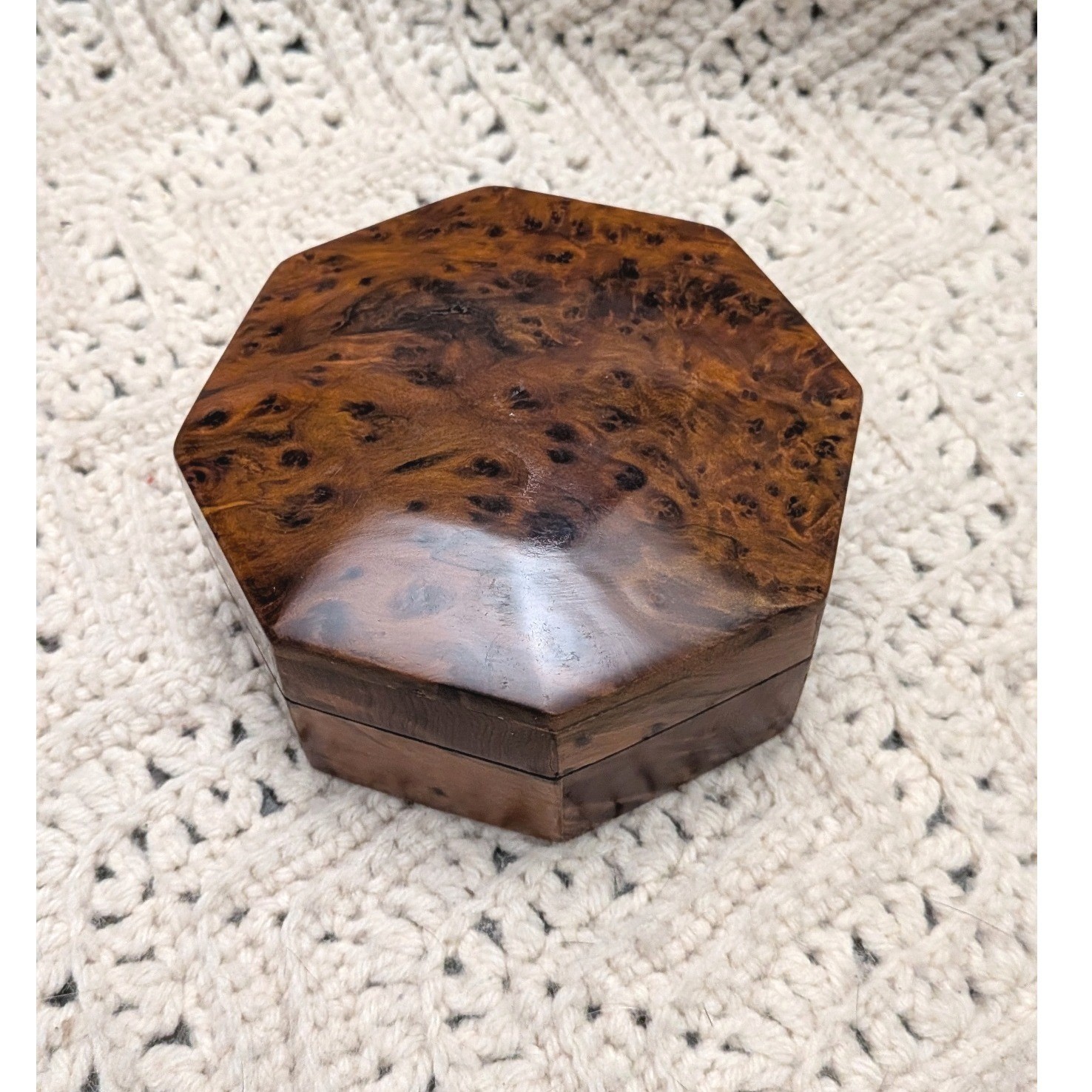 Vintage Octagonal Burl Wood Jewelry Trinket Box High Gloss Faceted Lid 4.5 Inch