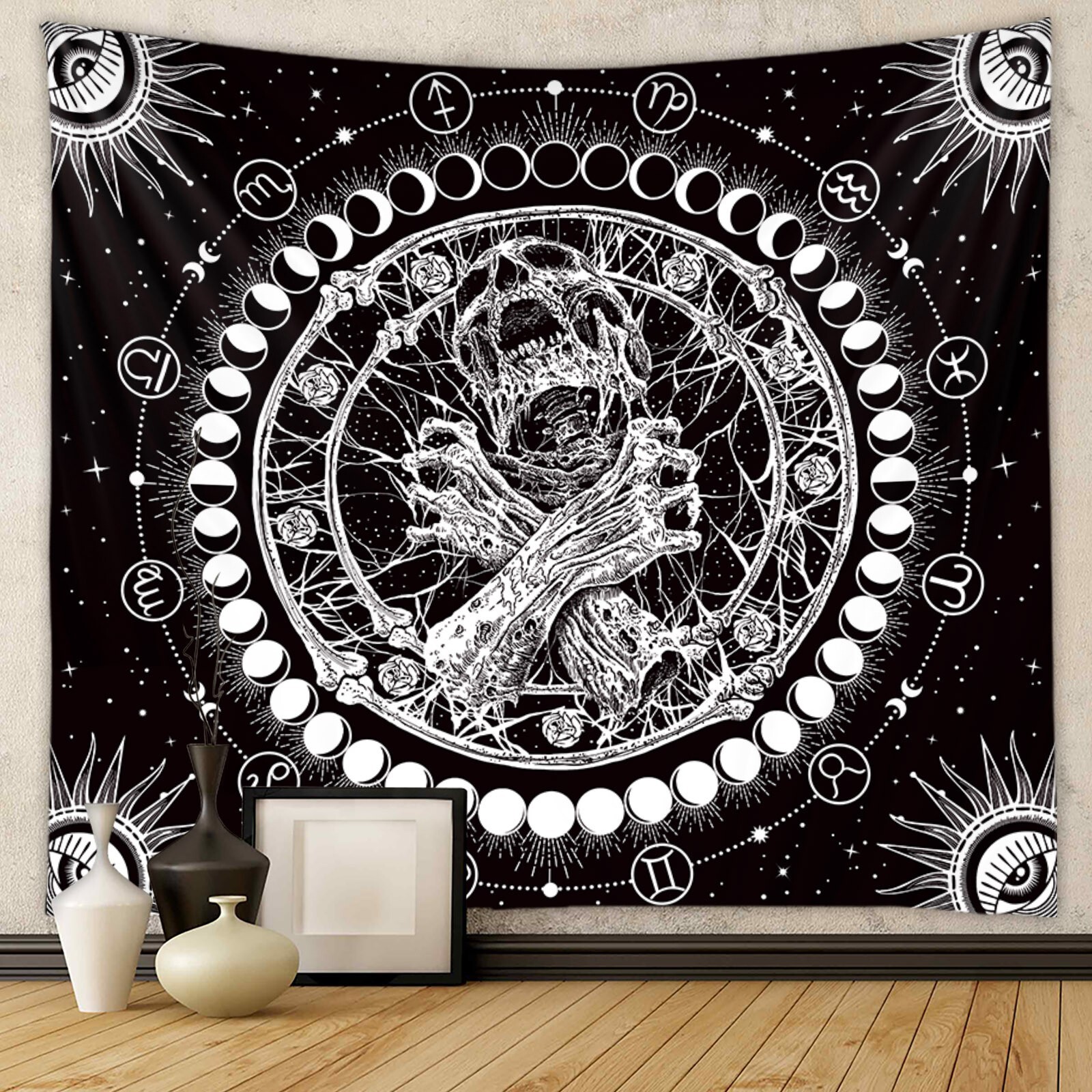 Extra Large Skull Tapestry Gothic Moonphase Skeleton Wall Hanging Home Decor
