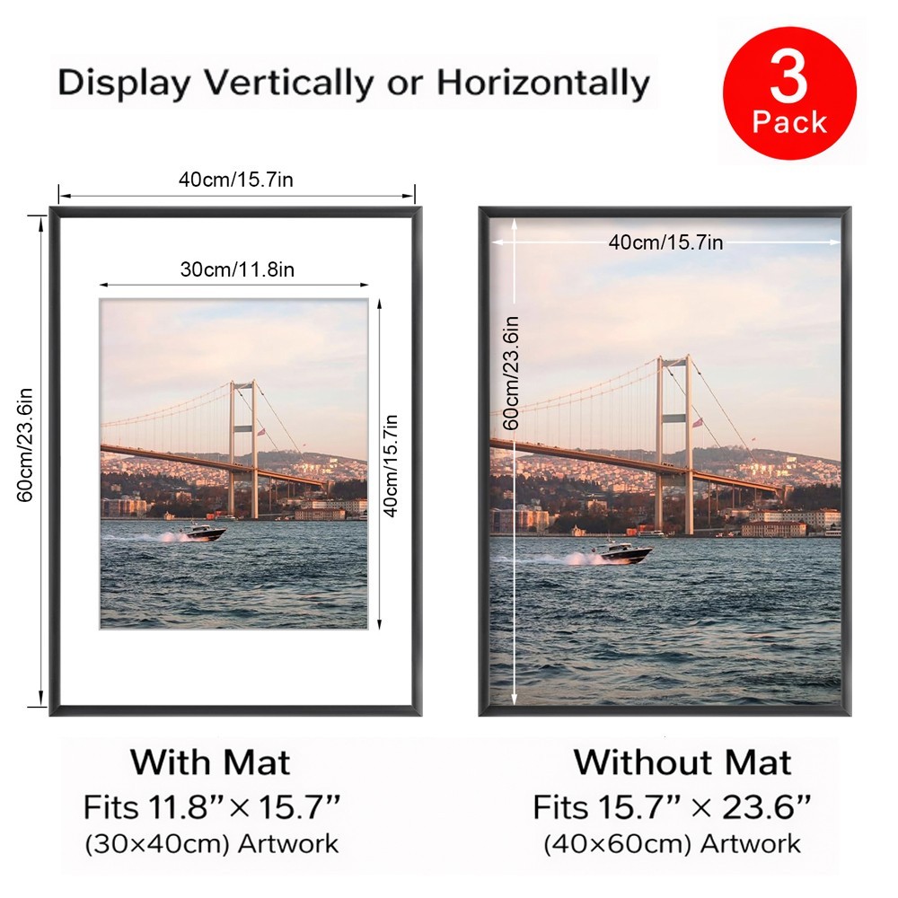 3 Pack 40x60cm Aluminum Picture Frames Wall Hanging Poster Frame for Home Decor