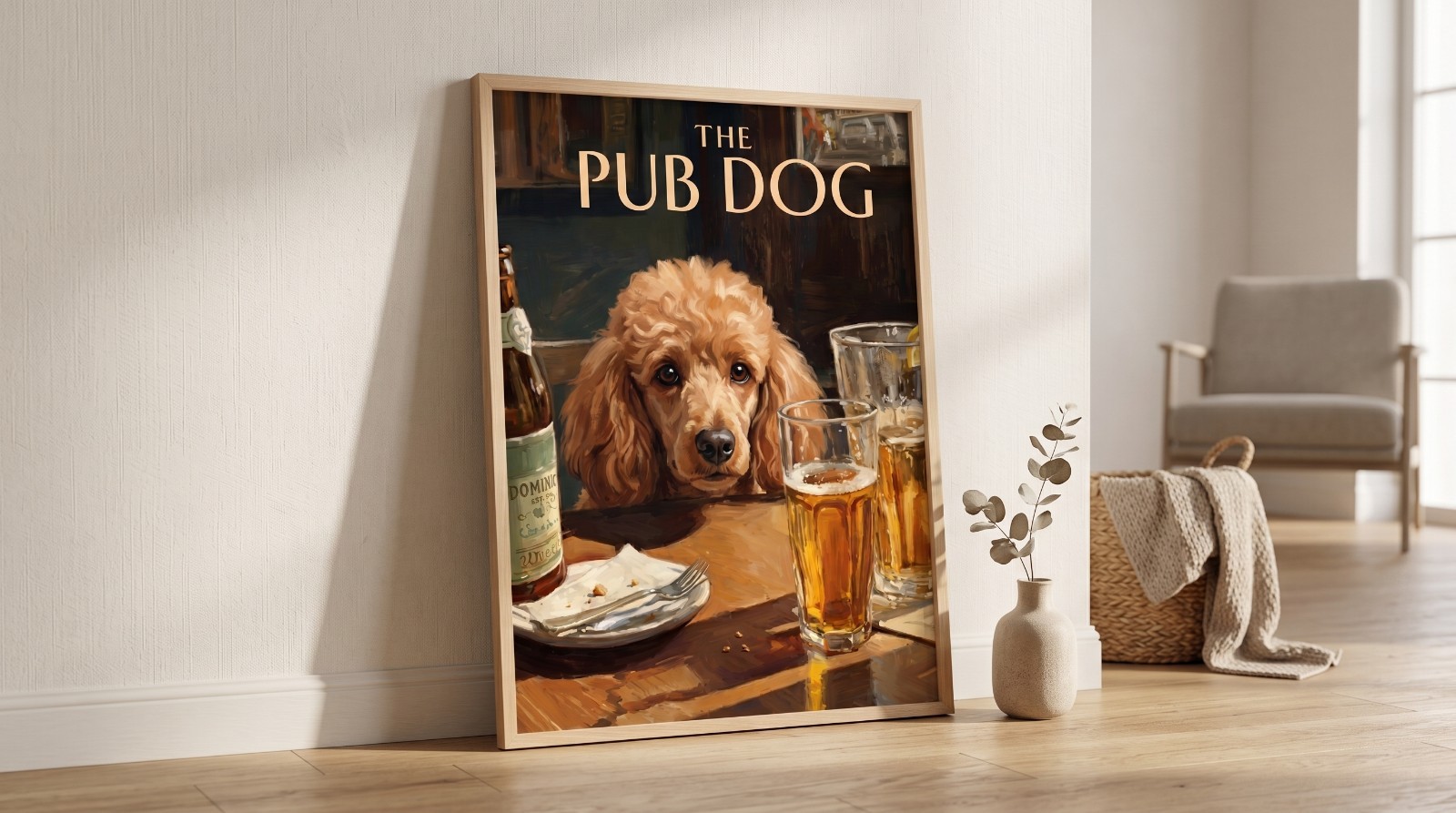 Vintage The Pub Dog Poster Poodle Art Print Beer Canvas Wall Decor Man Cave Gift