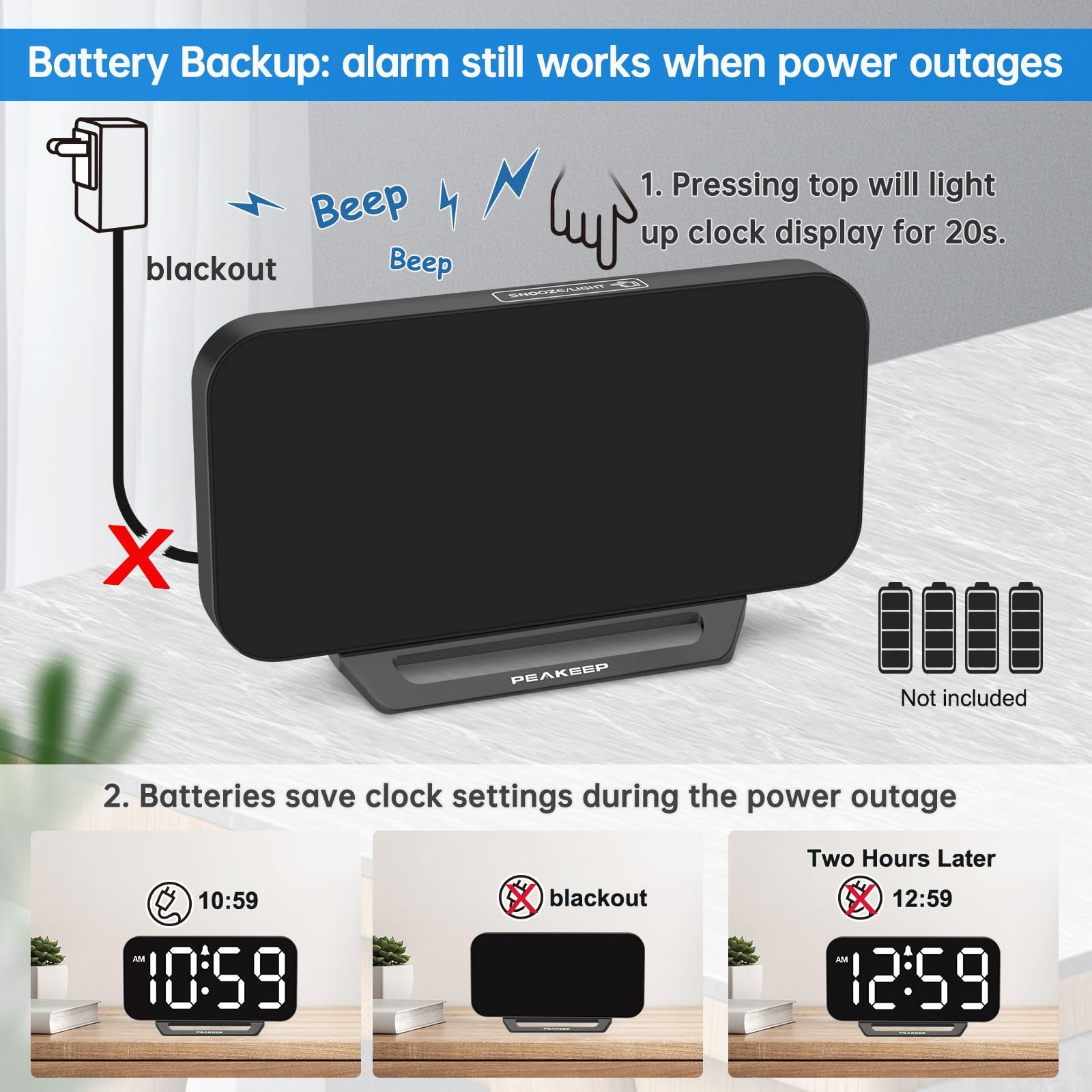 Small Digital Alarm Clock Loud Heavy Sleepers Dimmable Plug In Large Numbers