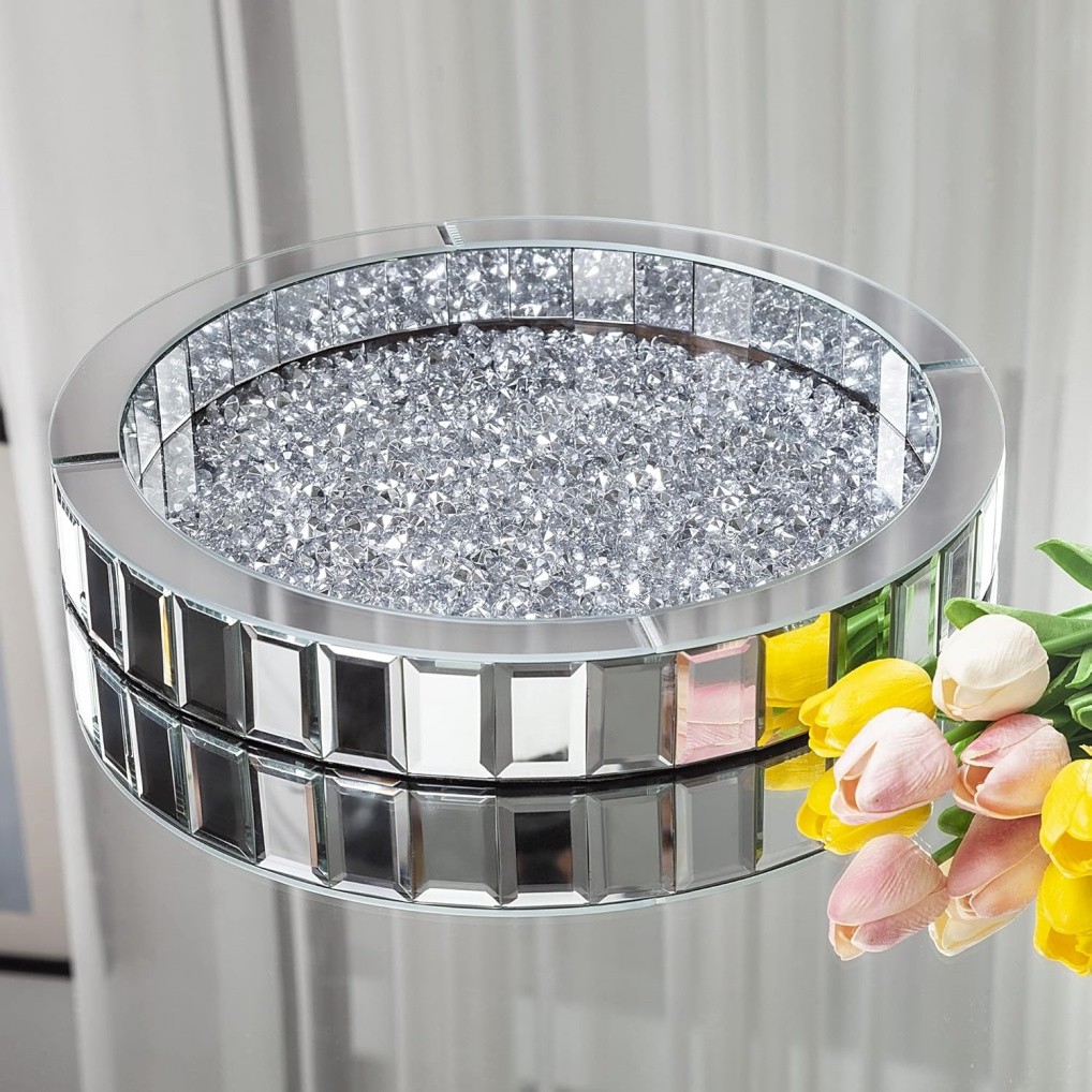 Silver Decorative Tray w/ Crushed Diamond Crystal Mirored Vanity Tray Organizer
