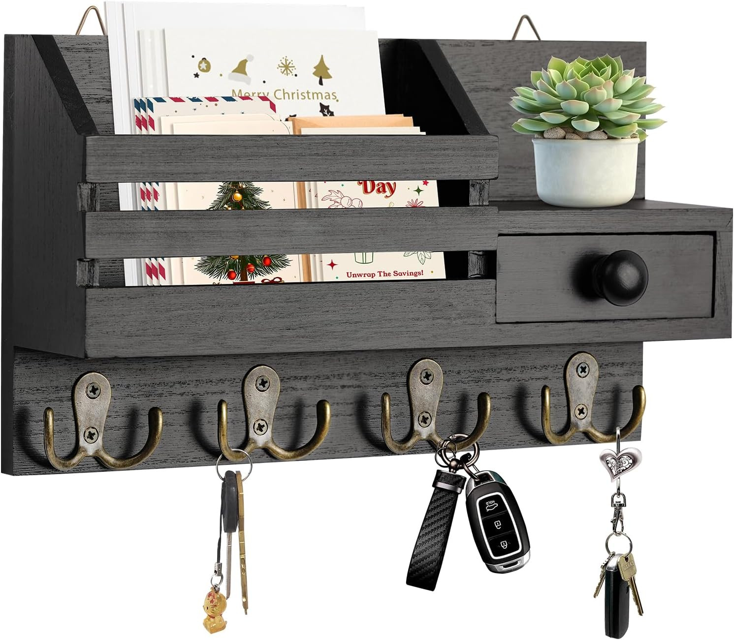 Key Holder Wall Mount, Wooden Adhesive Mail and Key Organizer with Drawer, Small