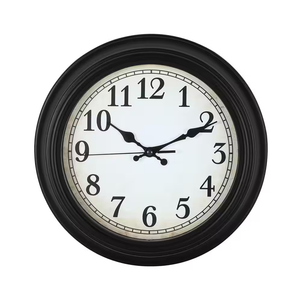 12 In. Silent Battery Operated Non Ticking Black Frame Plastic Wall Clock
