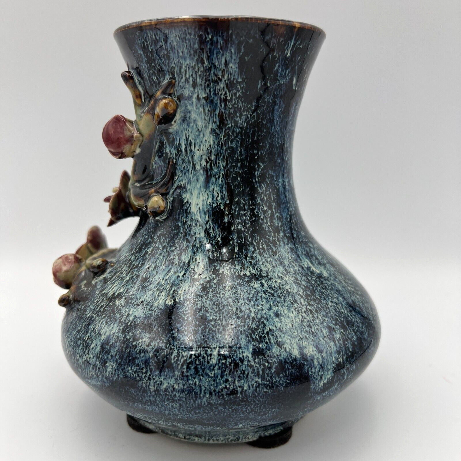Vintage Blue Drip & Floral Pottery Vase Cherry Tree Mid-Century Unknown Signed