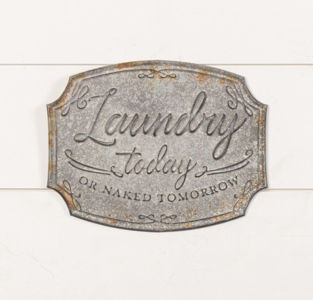 NEW Rustic LAUNDRY TODAY HANGING SIGN Gray 11.5″ W x 9.25″ H Metal Cottage