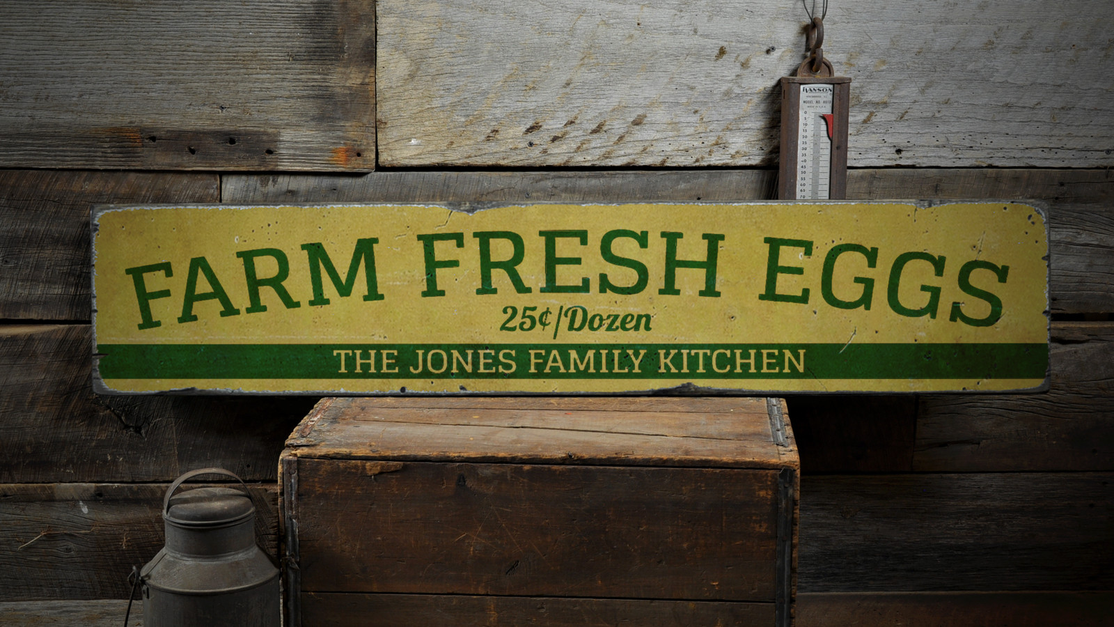 Farm Fresh Eggs, Custom Family Name – Rustic Distressed Wood Sign