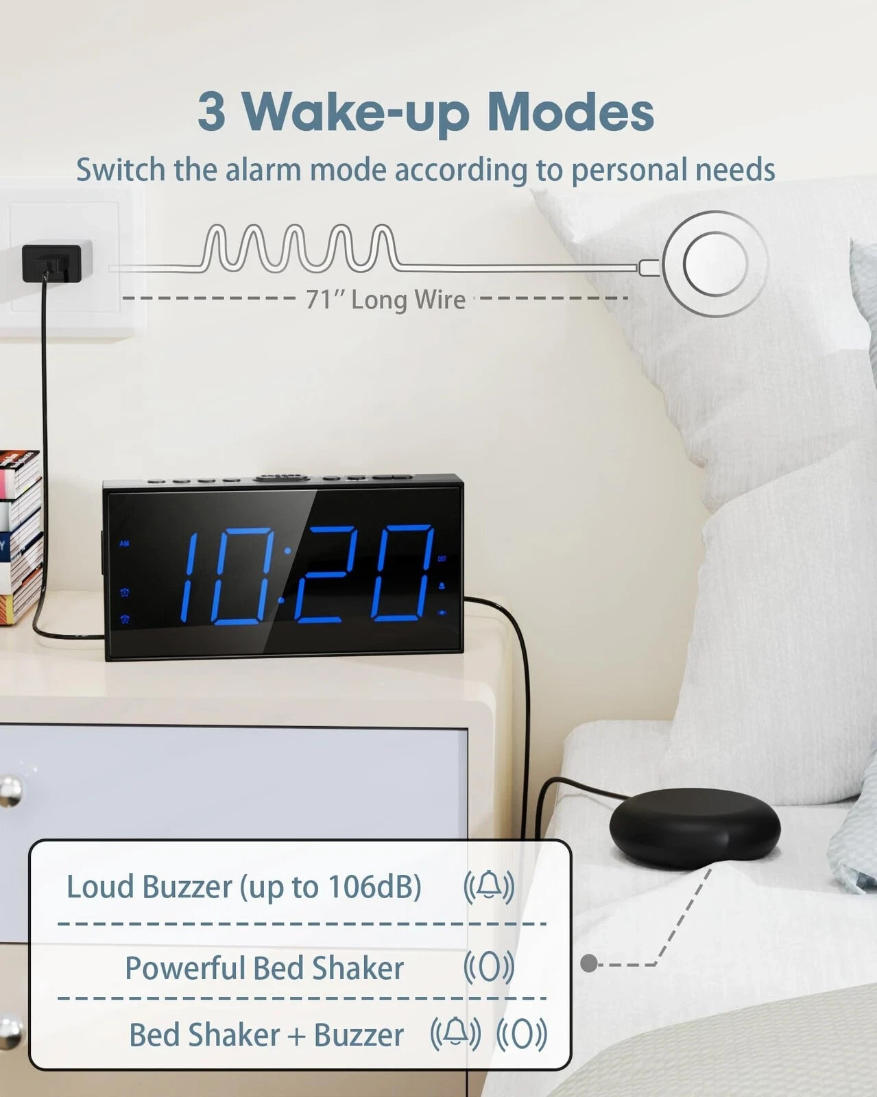 Super Loud Alarm with Bed Shaker, Vibrating Alarm Clock for Heavy Sleepers