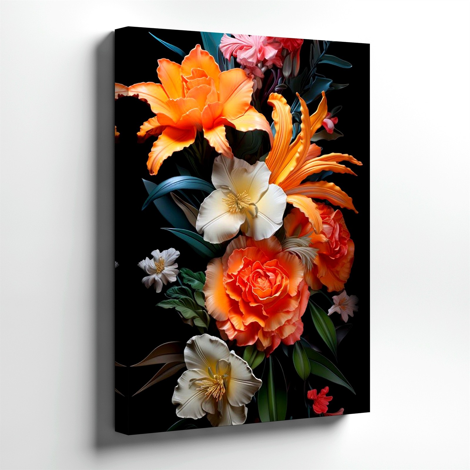 Wall Art Floral Bouquet Print Orange Lily Rose White Blossom Black Background