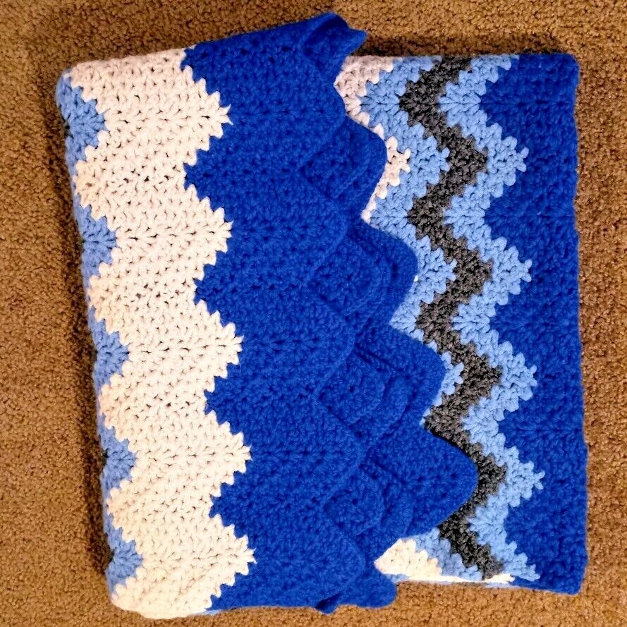 Afghan Throw Handmade ZigZag Blues Gray White Easy Care 42″ x 52″ Medium Weight