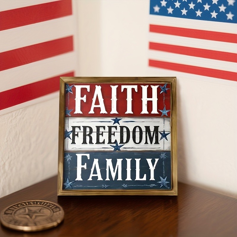 “Faith Freedom Family” Patriotic Wooden Sign 4th of July Home Wall Decor Gift