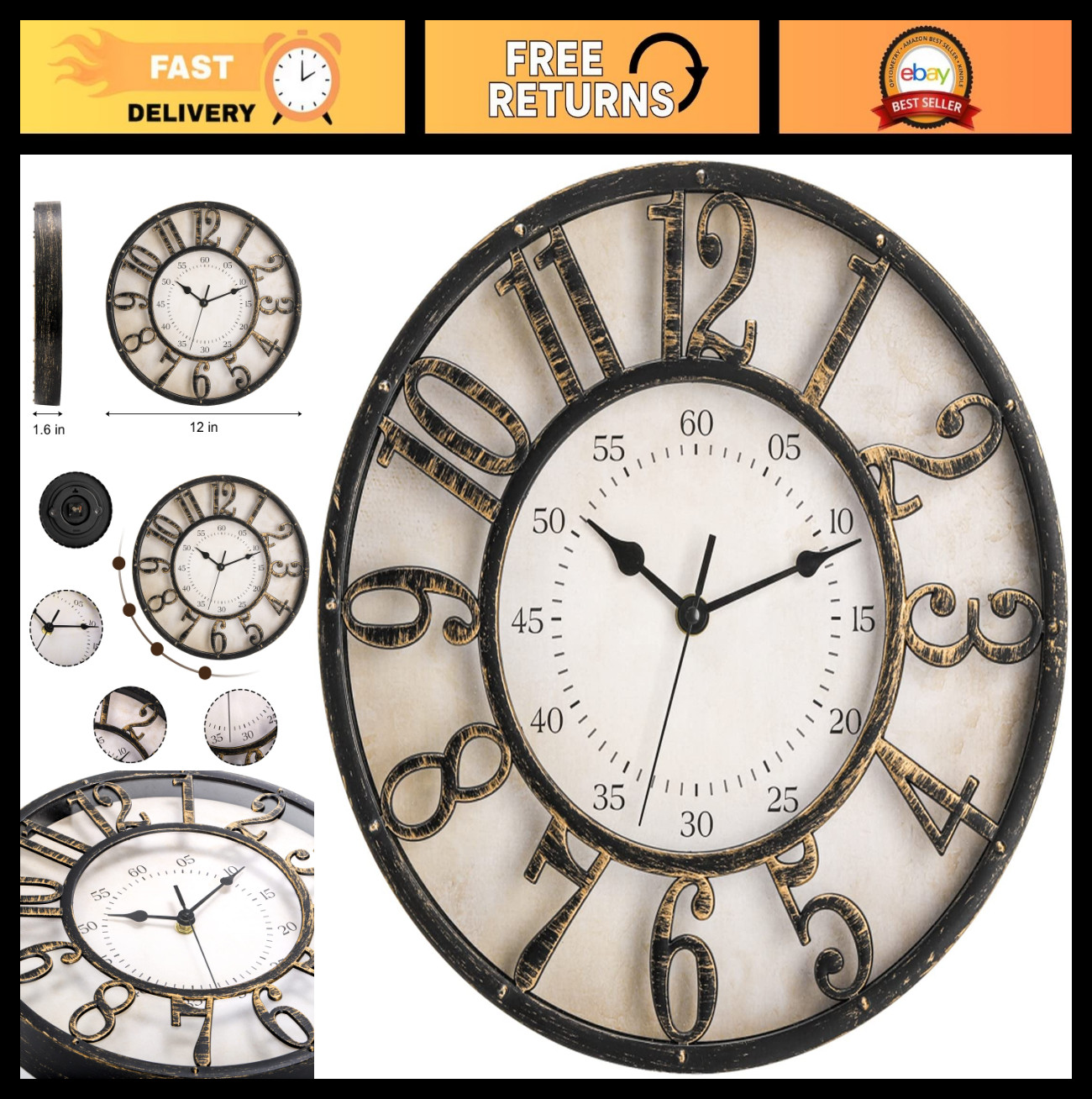 12″ Retro Silent Wall Clock – Non-Ticking Quartz, 3D Arabic Numerals for Home &