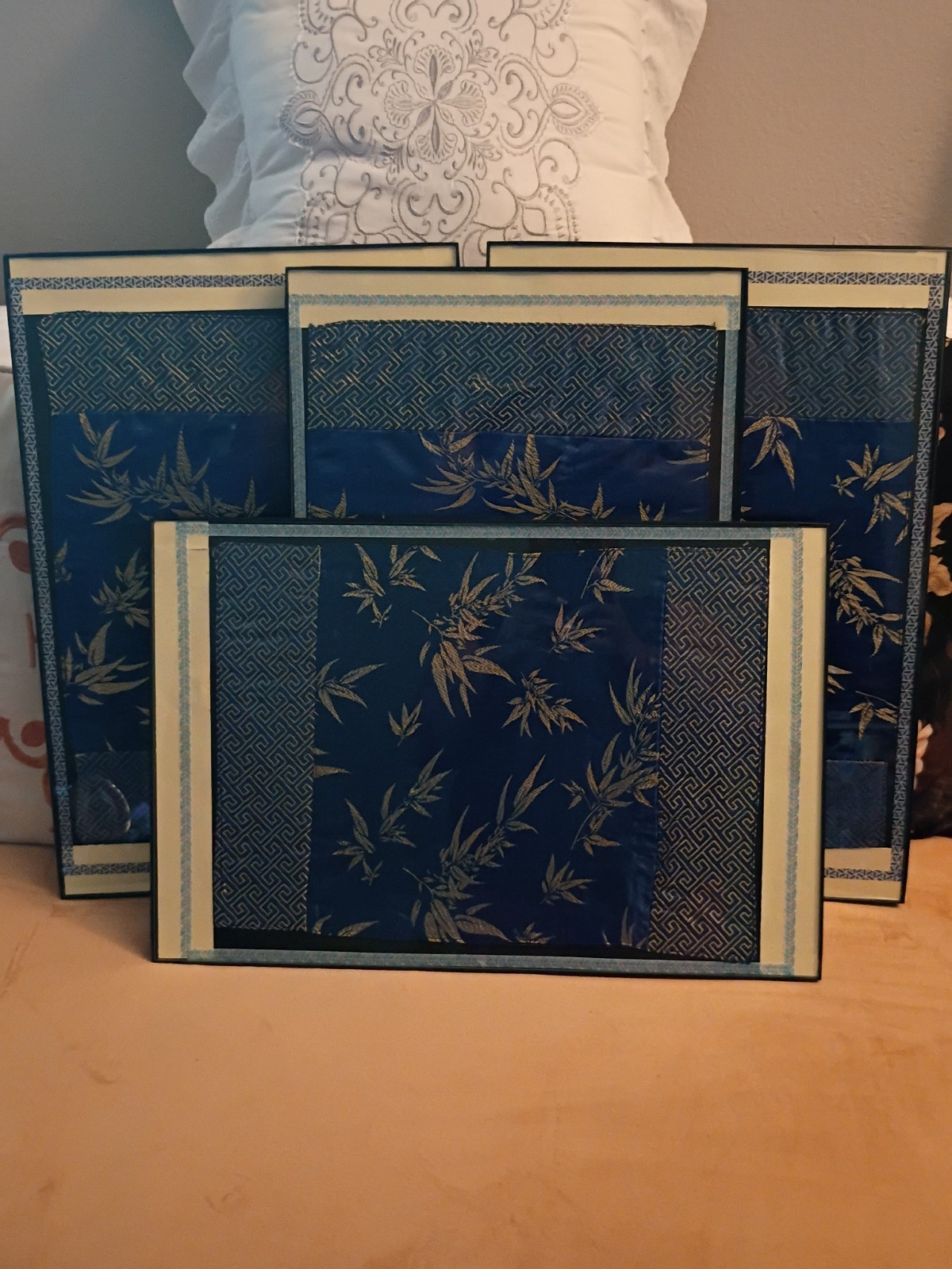 2pc Wallart 12×18 in Front Load Framed Japanese Bamboo silk & Greek Key Fabric