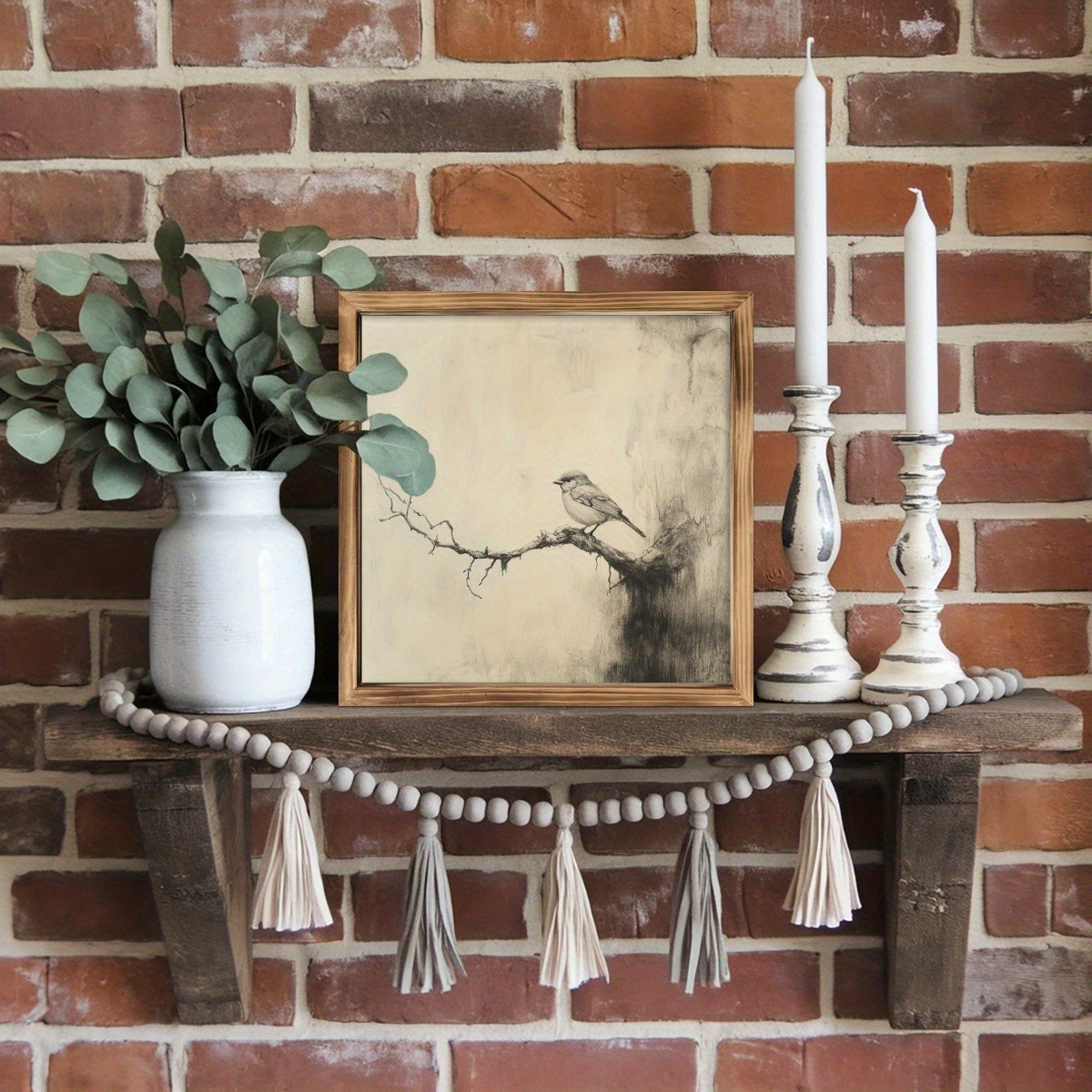 Vintage Bird Sketch Framed Art Retro Woodland Animal Wall Decor for Home Bedroom