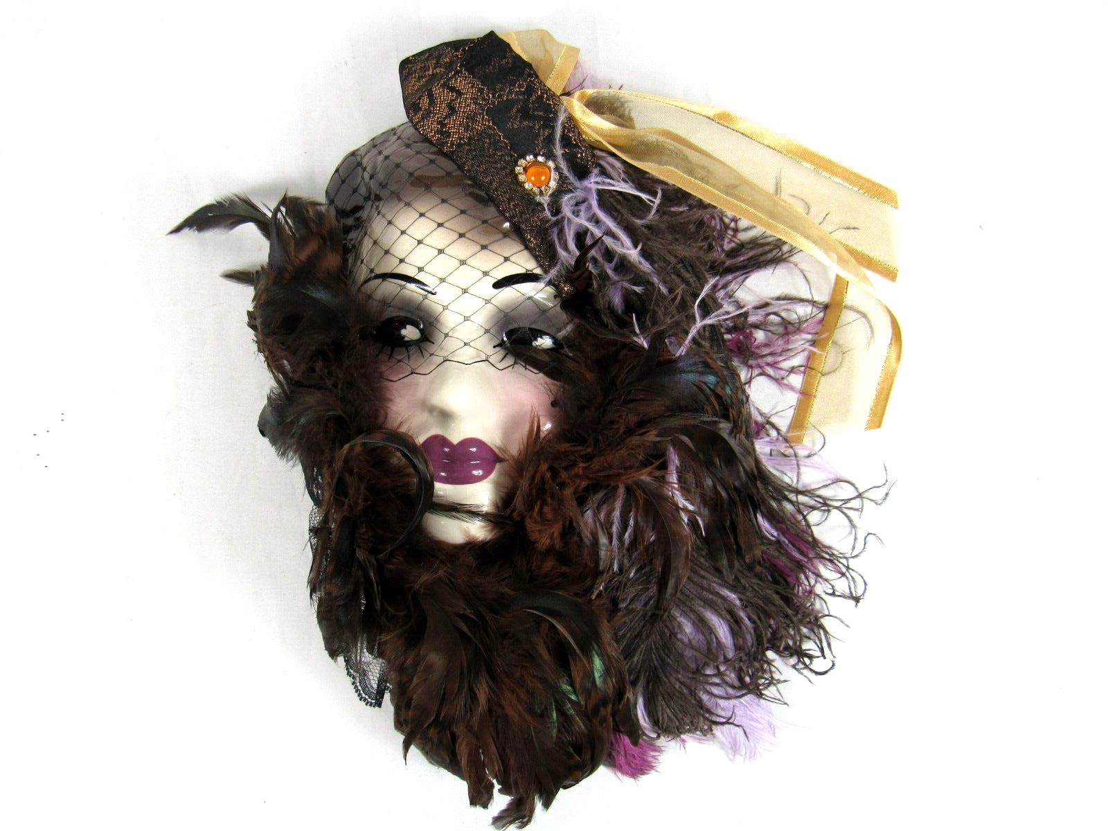 Unique Creations Wall Mask Lady Face Signed Numbered Feathers Decor