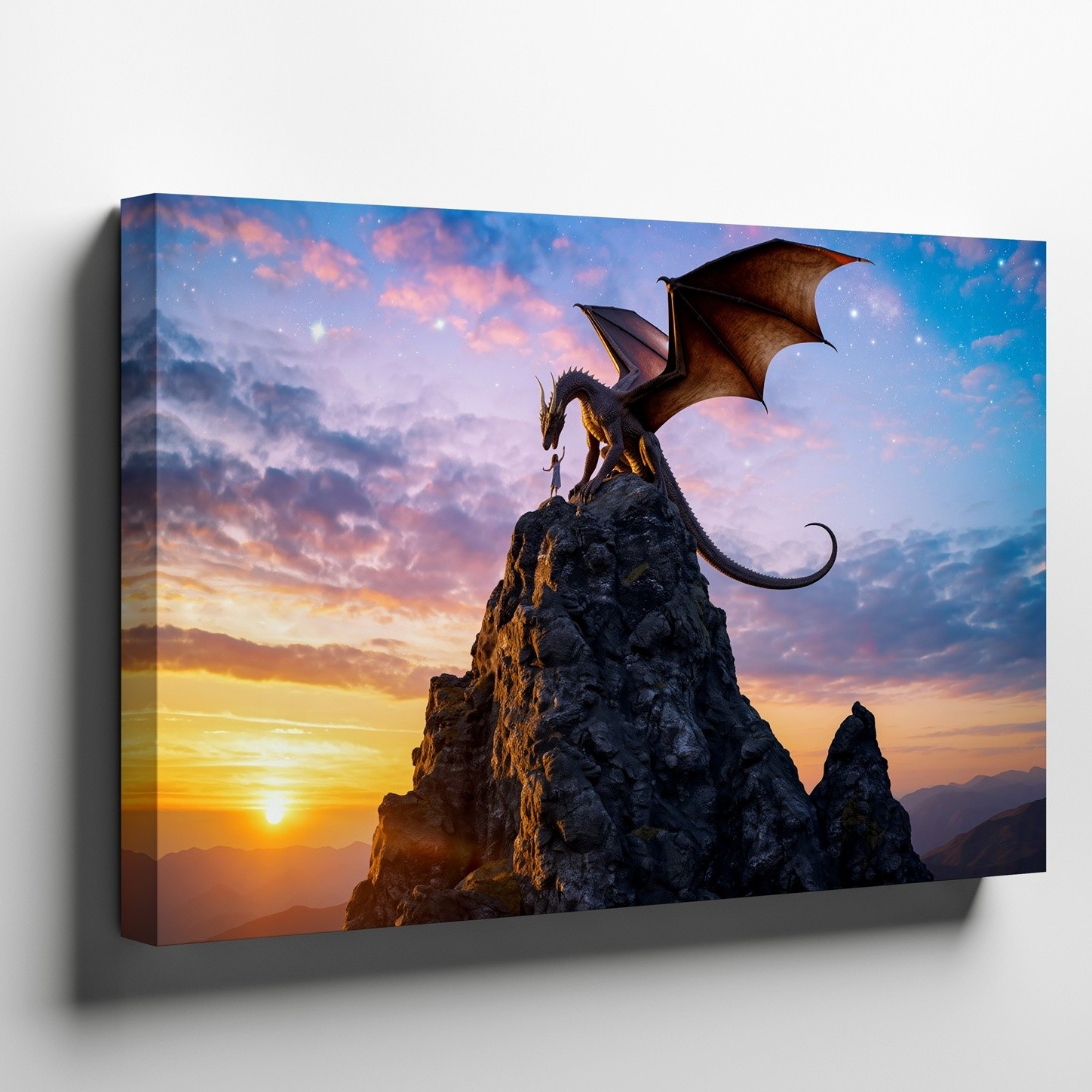 Majestic Dragon Stands On A Rocky Cliff, Silhouetted Against A Vibrant Wall Art