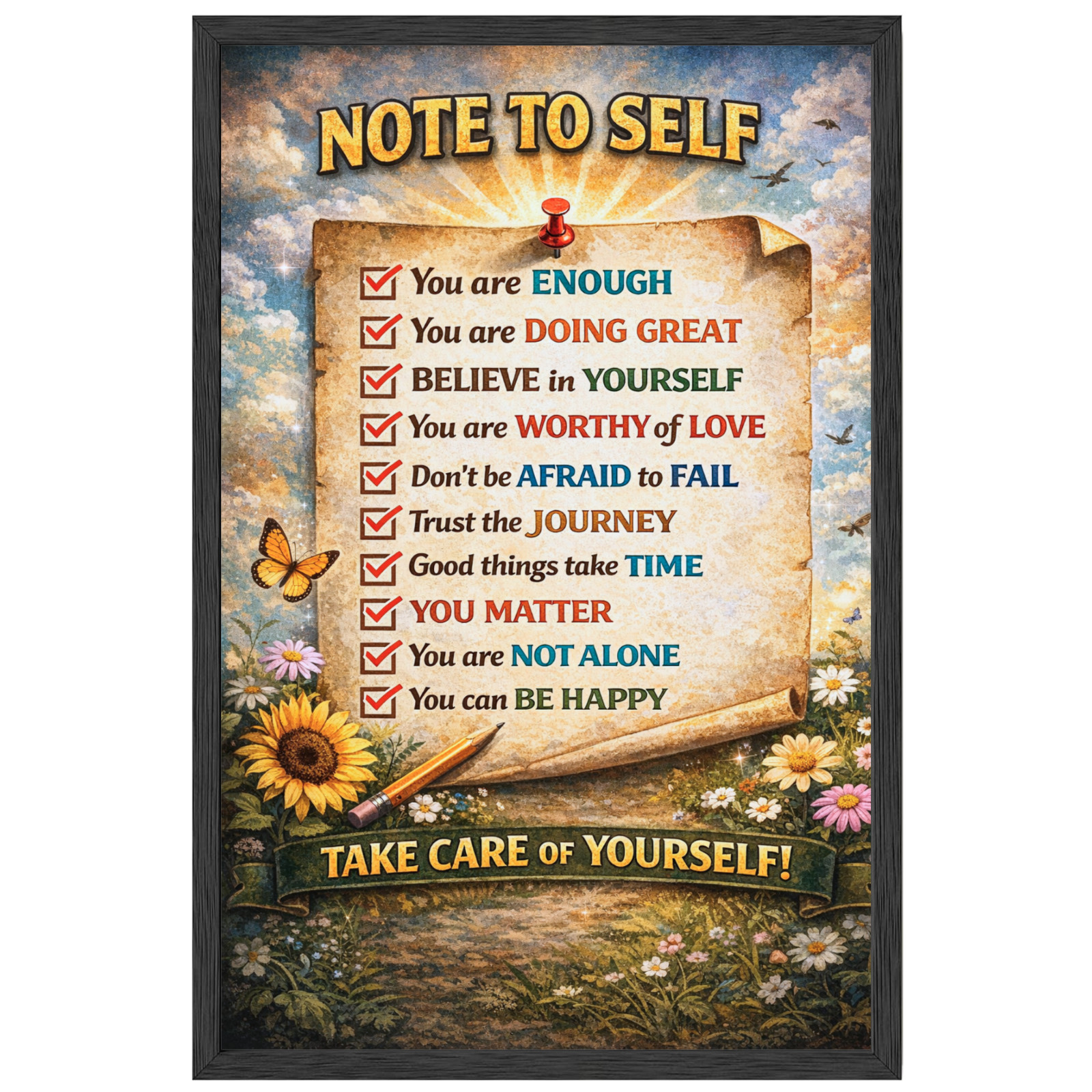 Note to Self Inspirational Wall Art Mental Health Framed Poster 11×17