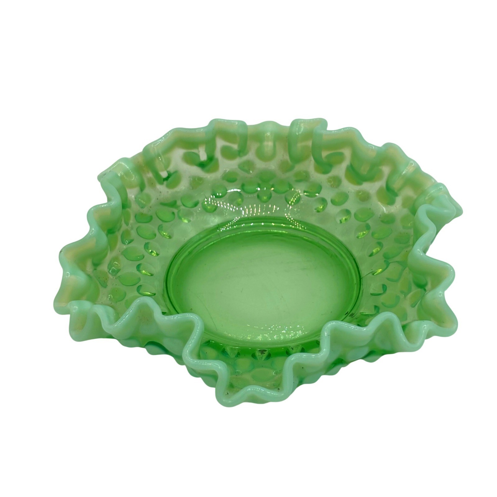 Fenton Green Opalescent Hobnail Ruffled Edge Glass Bowl Vintage Candy Dish