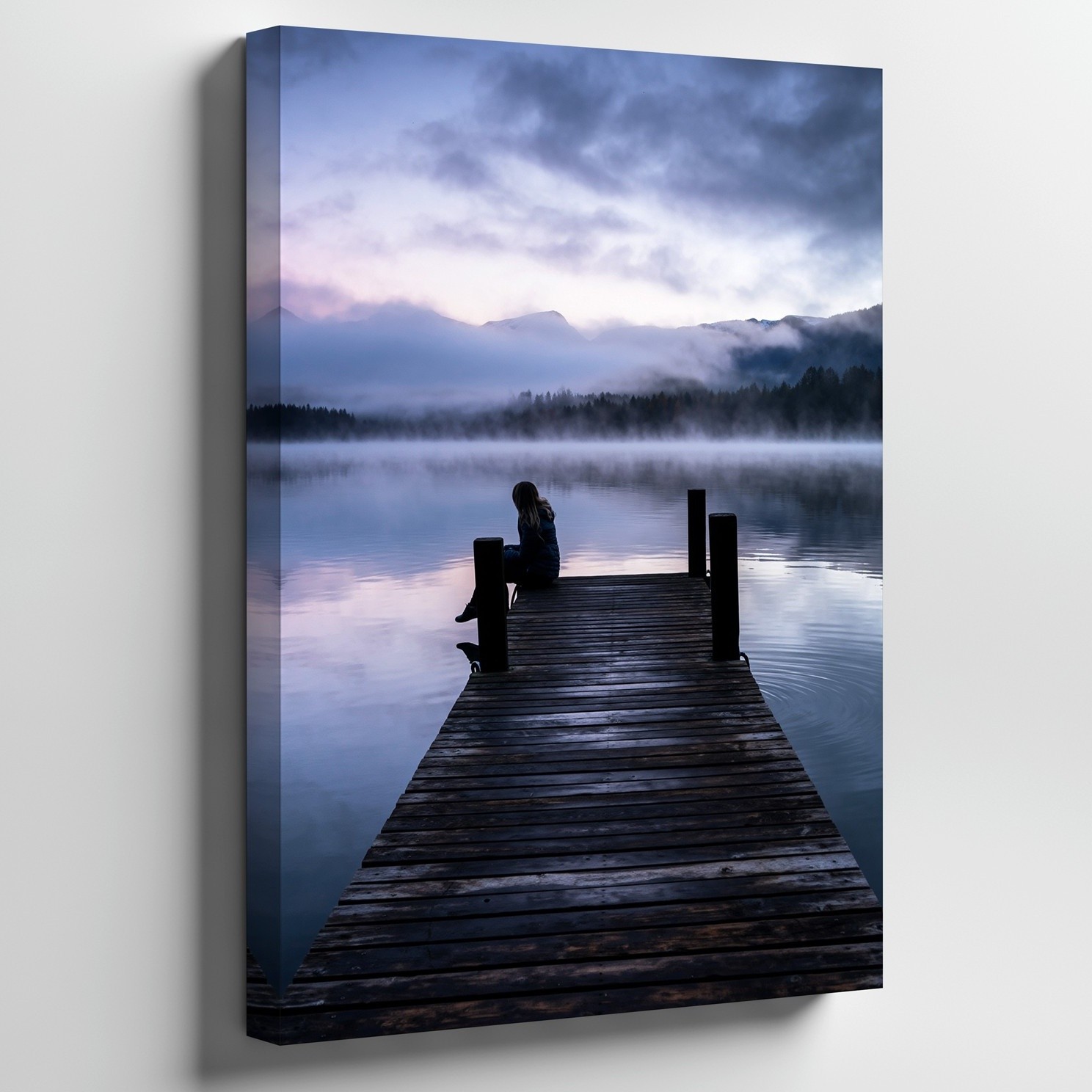 Serene Lakeside Scene At Dawn, Featuring A Solitary Figure Seated On Wall Art