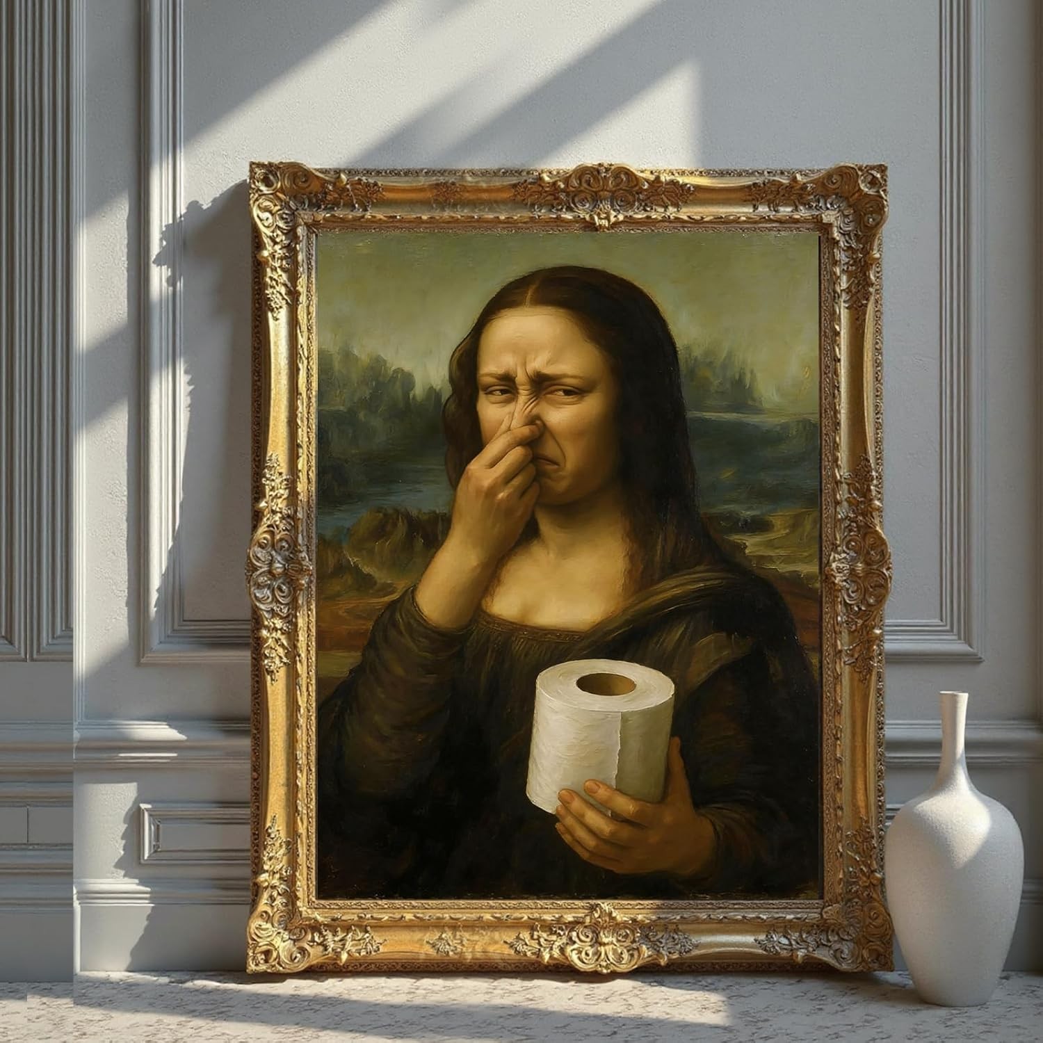CozyNuukee Funny Mona Lisa Bathroom Art Holding Her Nose, Mona Lisa Poster, Pinc