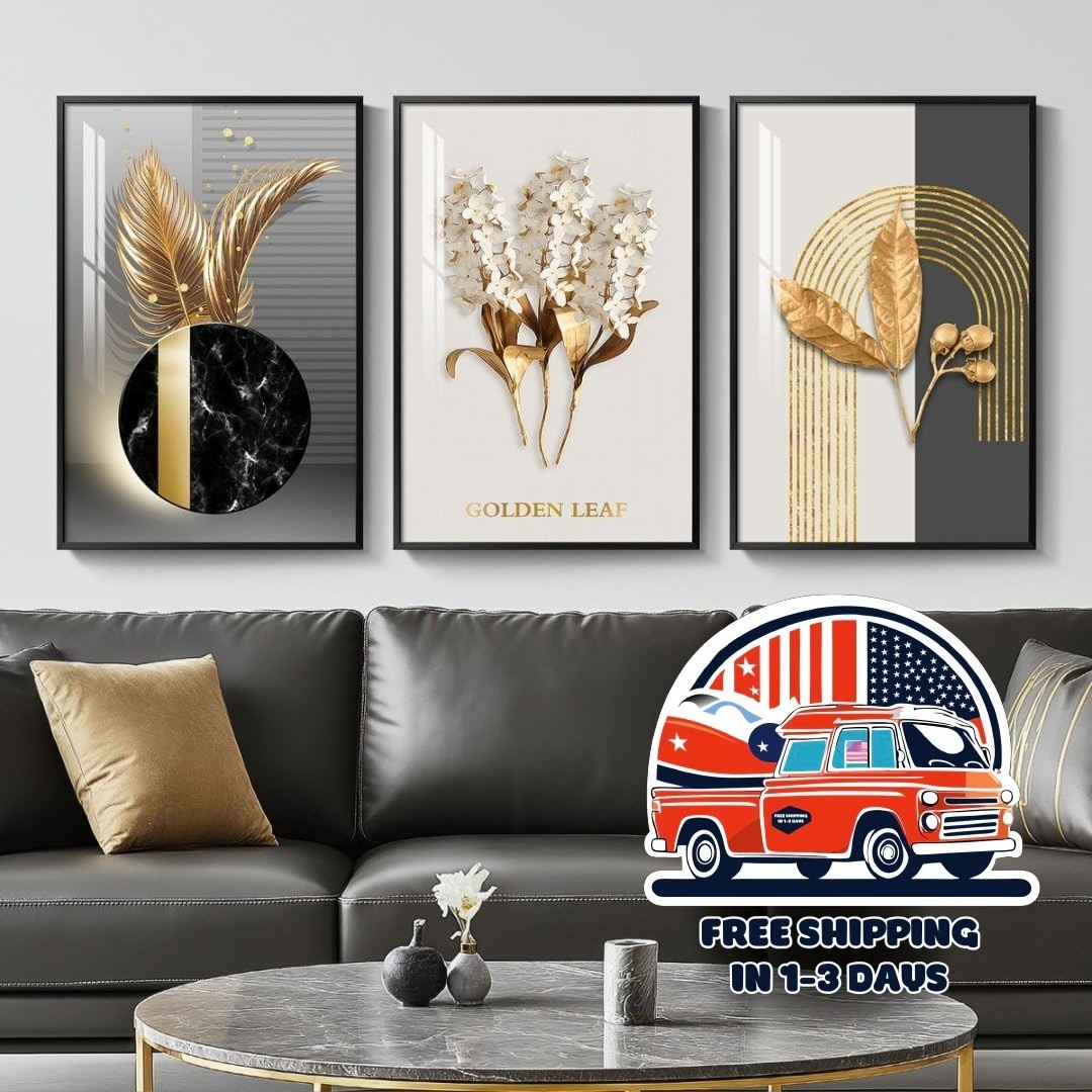 Cuadros Decorativos Modernos Set De 3 Arte De Pared Hojas Doradas Para Sala NEW