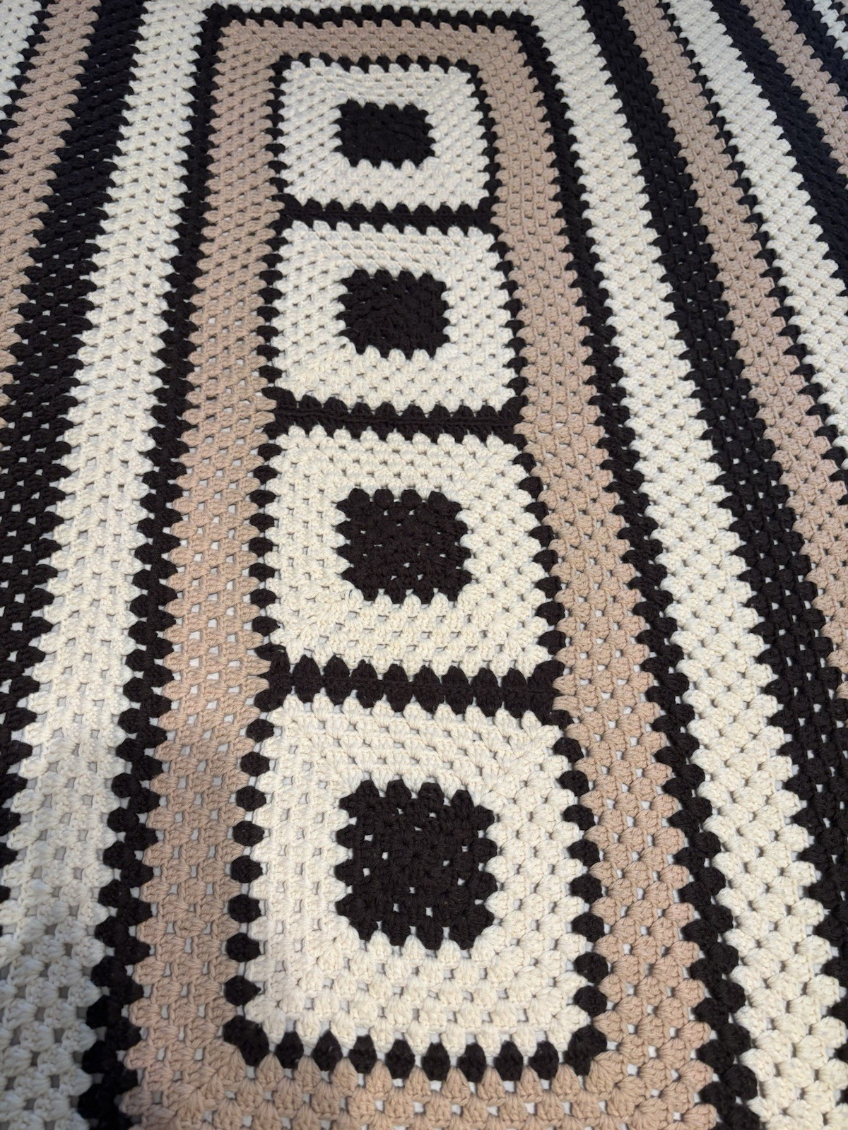 Handmade crochet ” Granny Square Beige, Brown, Ivory Open Weave 80″L x 48″ W
