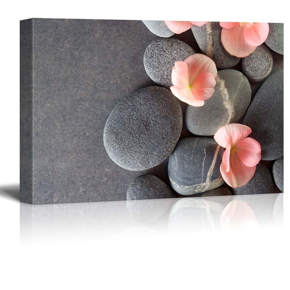 Wall26 – Peach Colored Flower on Smooth Zen Stones – Canvas Art – 24×36 inches