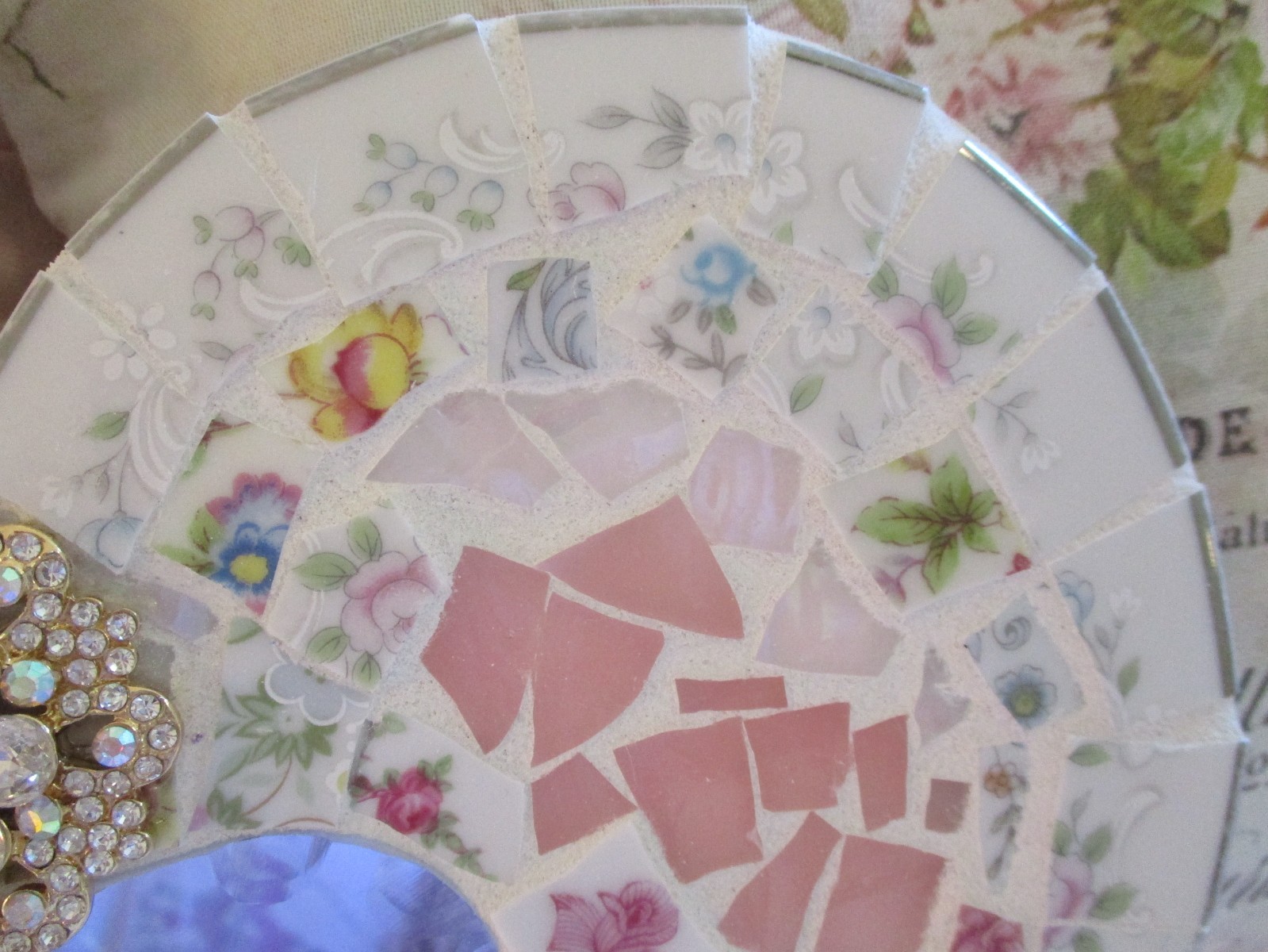 Shabby Chic Broken China Mosaic Heart Plaque Mirror