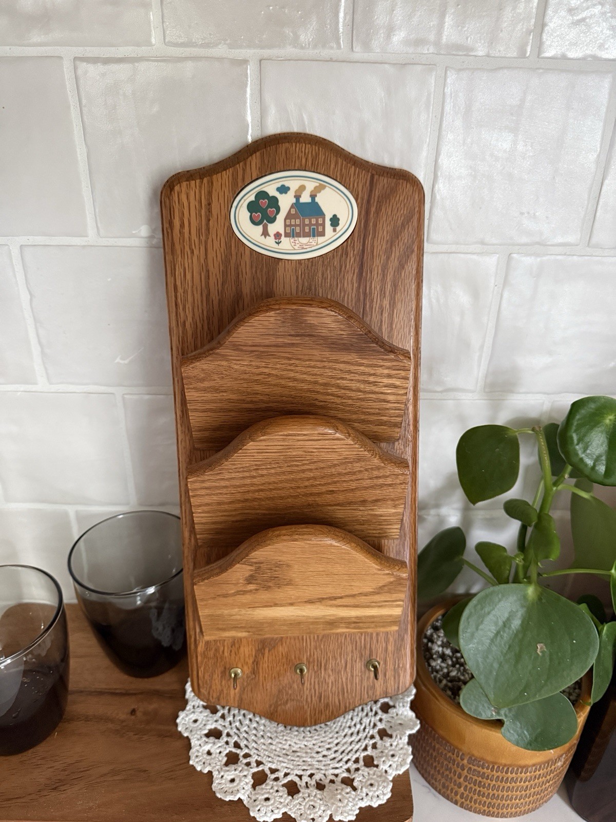 Vermillion Oak Wall Mail Organizer Key Rack Country Farm House 3 Hooks USA