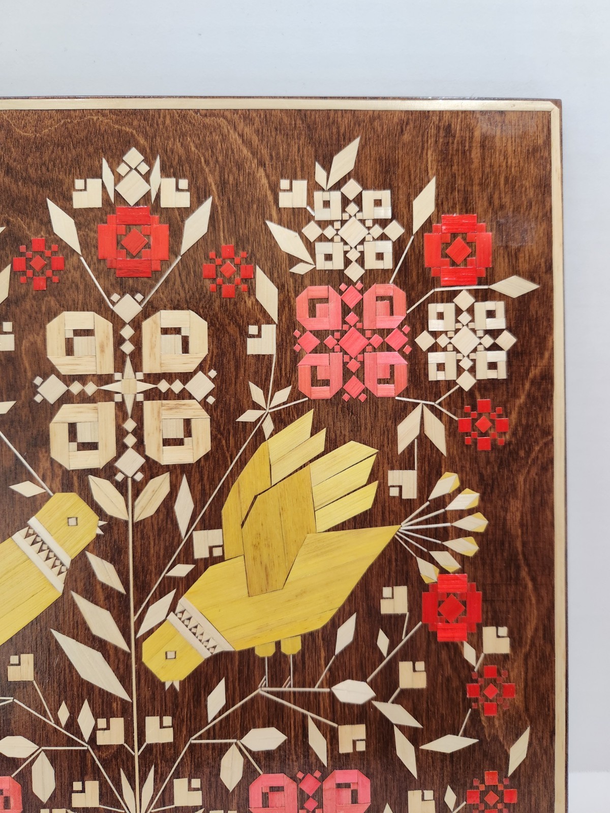 Vintage 80s Traditional Belarusian Straw Marquetry Folk Art Wall Hanging