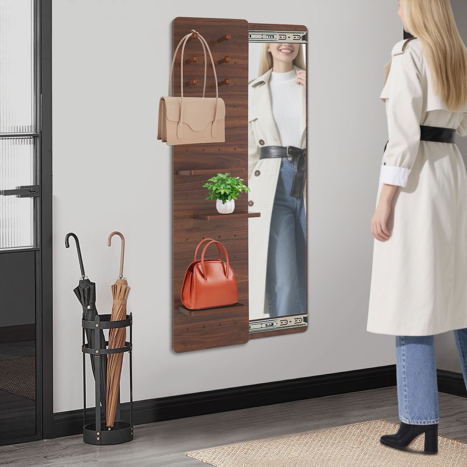 Walnut Wall-Mounted Full-Length Mirror With Pegboard, 3 Shelves & 6 Hooks