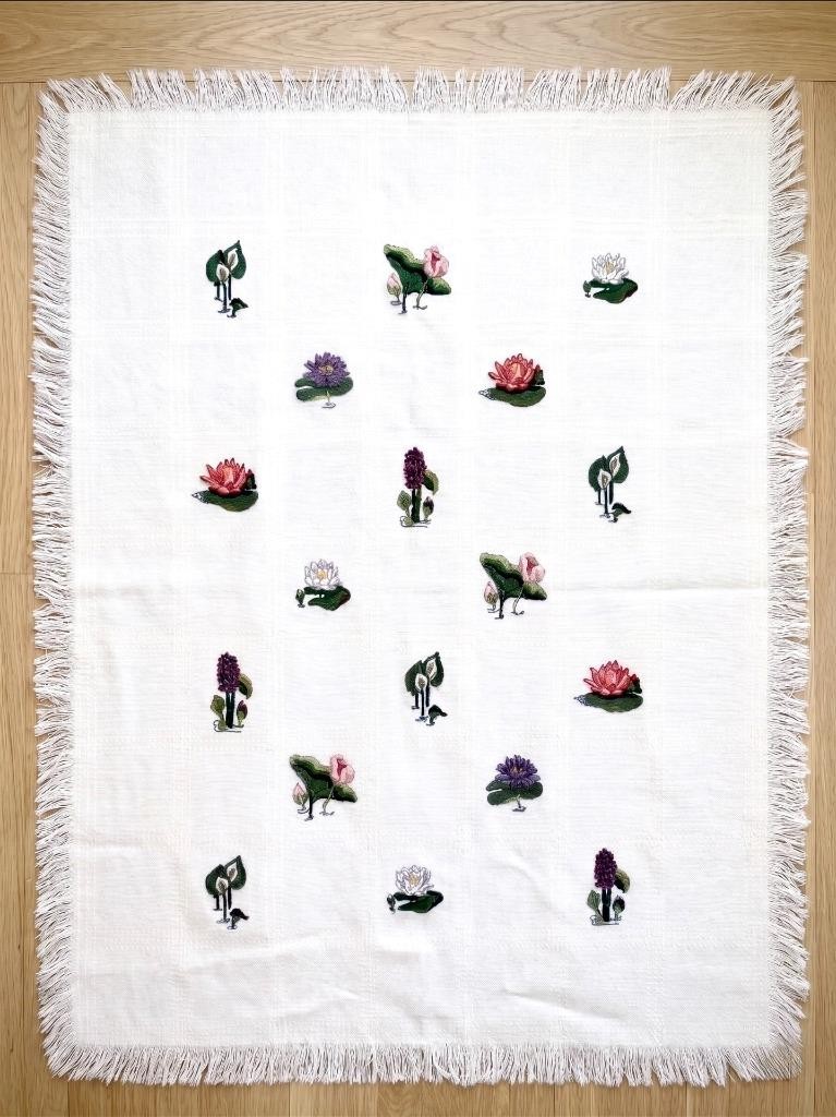 Completed Cross Stitch Water Garden Flowers on Ivory Udine Afghan Blanket 42×56