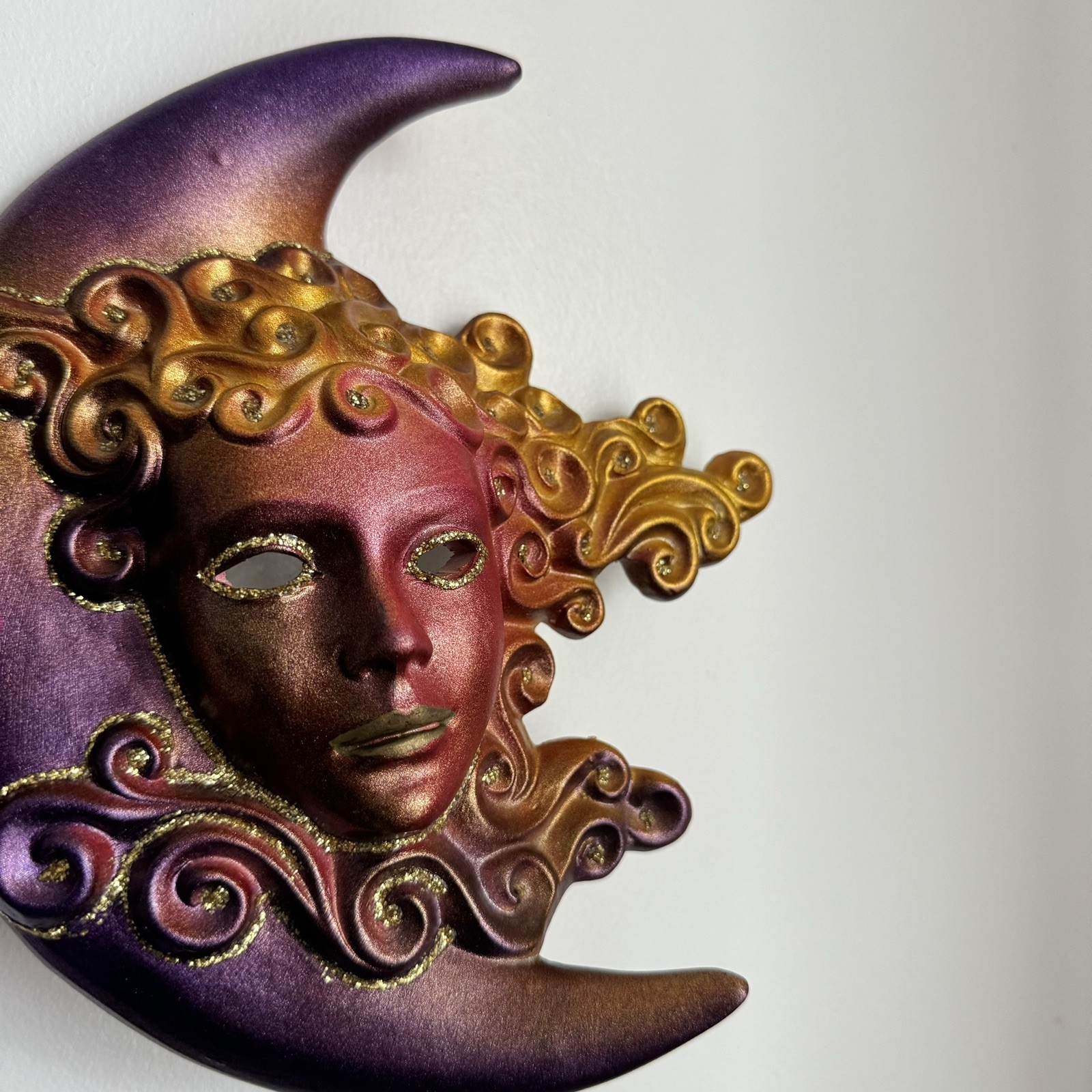 Vintage Venetian Celestial Wall Art Mask Ceramic Purple Gold Hand Painted 9″