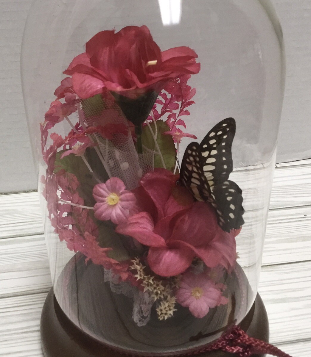 Vintage MCM Glass Cloche with Butterfly And Hot Pink Flowers Wood Base