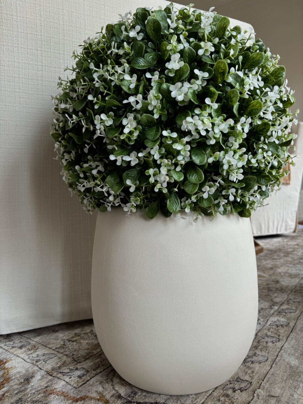 W&C Artificial Boxwood Topiary Ball With White Blooms -The Lane, 21 in, UV Rated