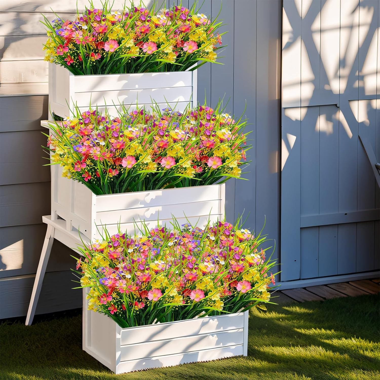 12 Bundles Artificial Flowers for Outdoor: UV Resistant Faux Silk Wildflowers